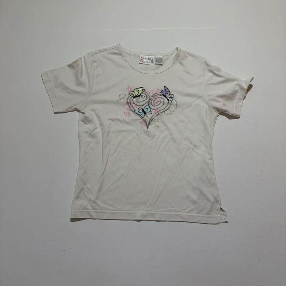 Hasting and Smith Women's Cottage Core Vintage Embroidered White Tee Shirt
